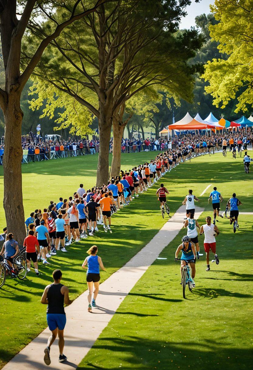 A dynamic scene of diverse sports lovers engaging in various athletic activities, such as running, cycling, and playing team sports in a vibrant park setting. The background features a cheering crowd, colorful banners promoting sports events, and a friendly atmosphere. Include elements of connection, like people high-fiving and celebrating together. The image should convey energy, passion, and camaraderie among sports enthusiasts. vibrant colors. super-realistic.