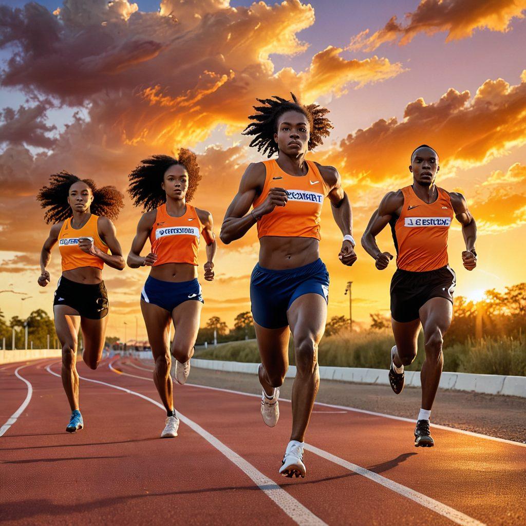 A dynamic scene of diverse athletes engaged in various sports, showcasing passion and performance. Include elements like a runner on a track, a cyclist on a winding road, and a team playing soccer, all set against a vibrant sunset sky. Infuse energy and movement throughout the composition, emphasizing determination and active living. Add motivational quotes subtly integrated into the background, embodying the spirit of perseverance. super-realistic. vibrant colors. energetic atmosphere.