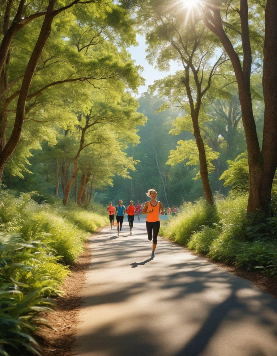A dynamic scene of diverse individuals engaged in various sports activities, with vibrant energy radiating from their movements. Include a sunlit park background with trees and a blue sky, showcasing runners, cyclists, and yoga practitioners. Emphasize passion and enthusiasm with bright colors and expressive faces. super-realistic. vibrant colors. outdoor setting.